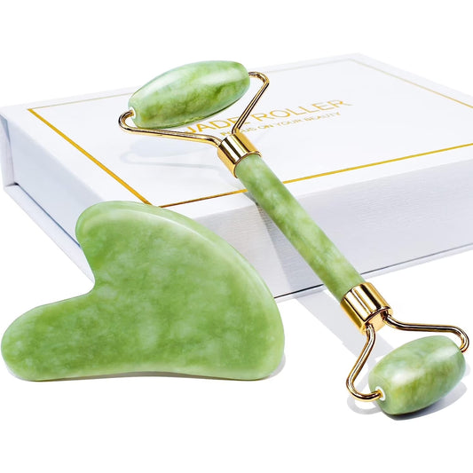 Jade Roller & Gua Sha, Natural Jade Face Roller Gua Sha Tool Facial Skin Care Supplies, Green