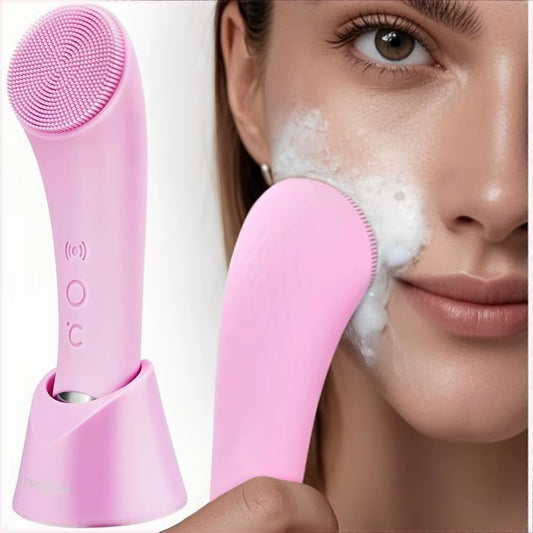 Facial Cleansing Brush, Rechargeable Silicone Face Scrubber with Heat Massage And, Waterproof Face Brush for Women and Men Pink